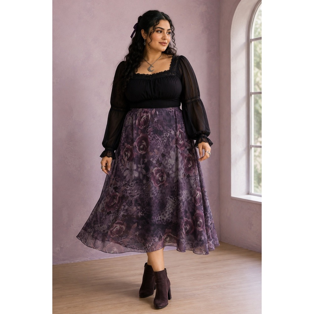Boho Whimsigoth Y2K Cottage Fairy Purple Floral Leopard Chiffon 14 Midi Skirt